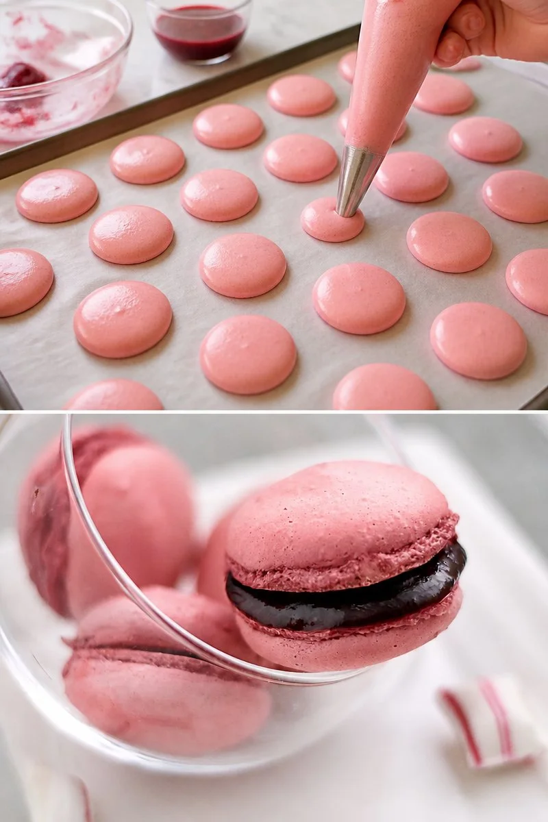 Macarons framboise colorati con crema di lampone sopra un piatto elegante