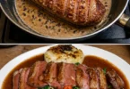 Magret d'anatra servito con salsa ai peperi, un piatto raffinato e gustoso.