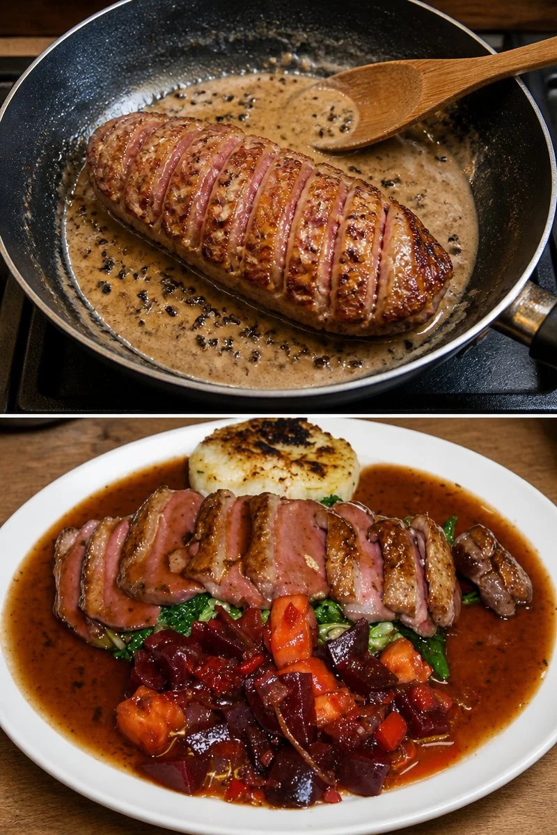Magret d'anatra servito con salsa ai peperi, un piatto raffinato e gustoso.