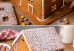 Omino accanto alla casa di pan di zenzero decorata con dolci e caramelle.