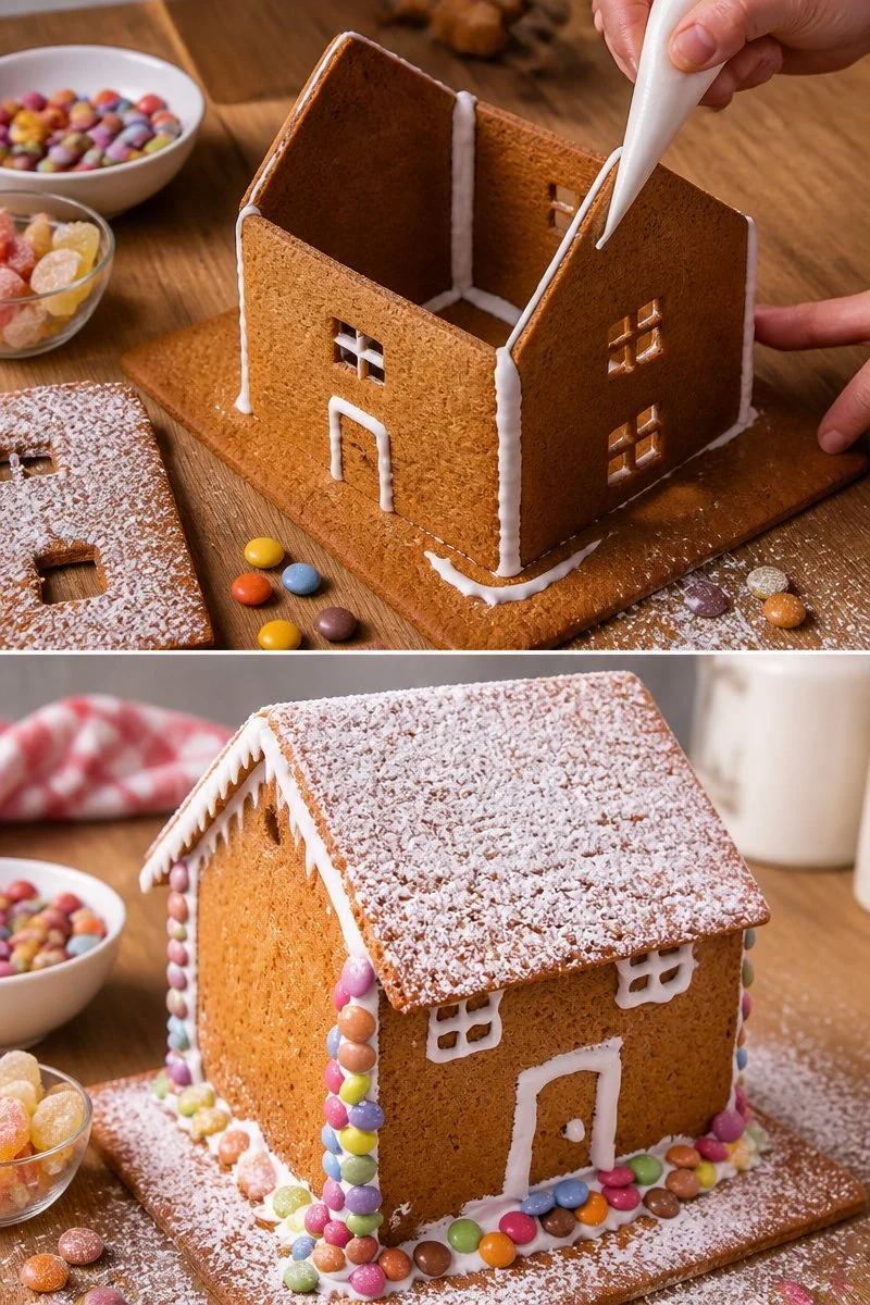 Omino accanto alla casa di pan di zenzero decorata con dolci e caramelle.