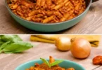 Pasta al chorizo servita con decorazione di erbe fresche