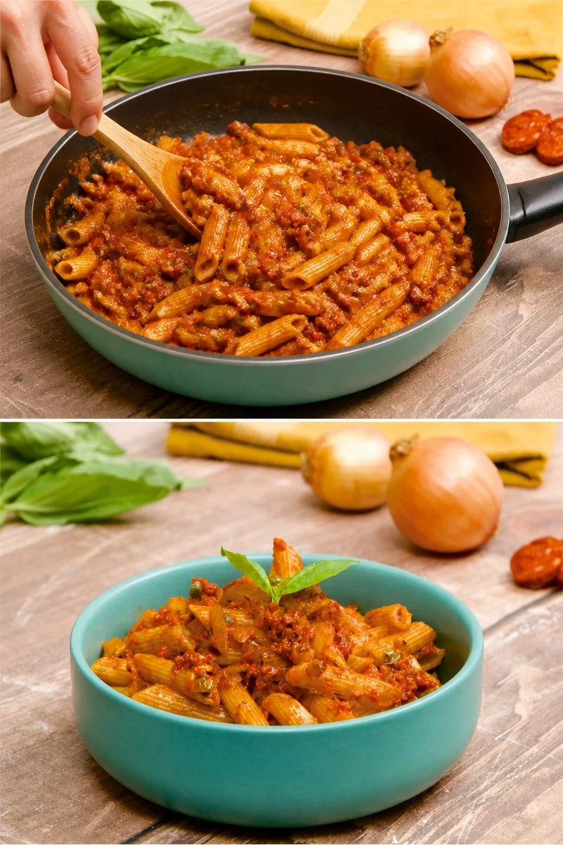 Pasta al chorizo servita con decorazione di erbe fresche