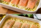 Pavé di salmone servito su un letto di porri, un piatto gourmet