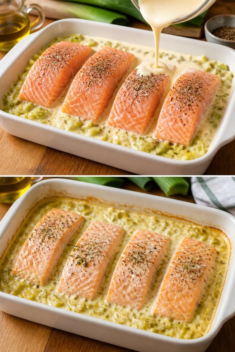 Pavé di salmone servito su un letto di porri, un piatto gourmet