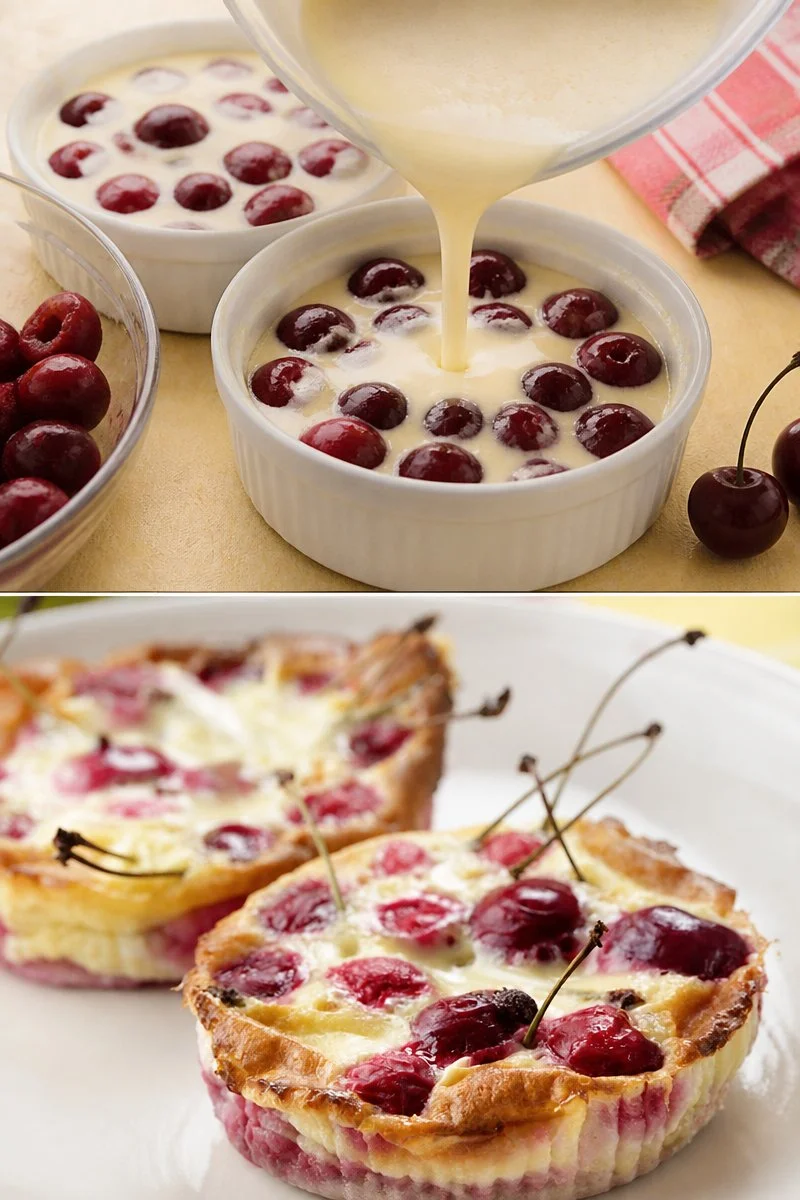Piccoli clafoutis alle ciliegie fresche serviti in una ciotola