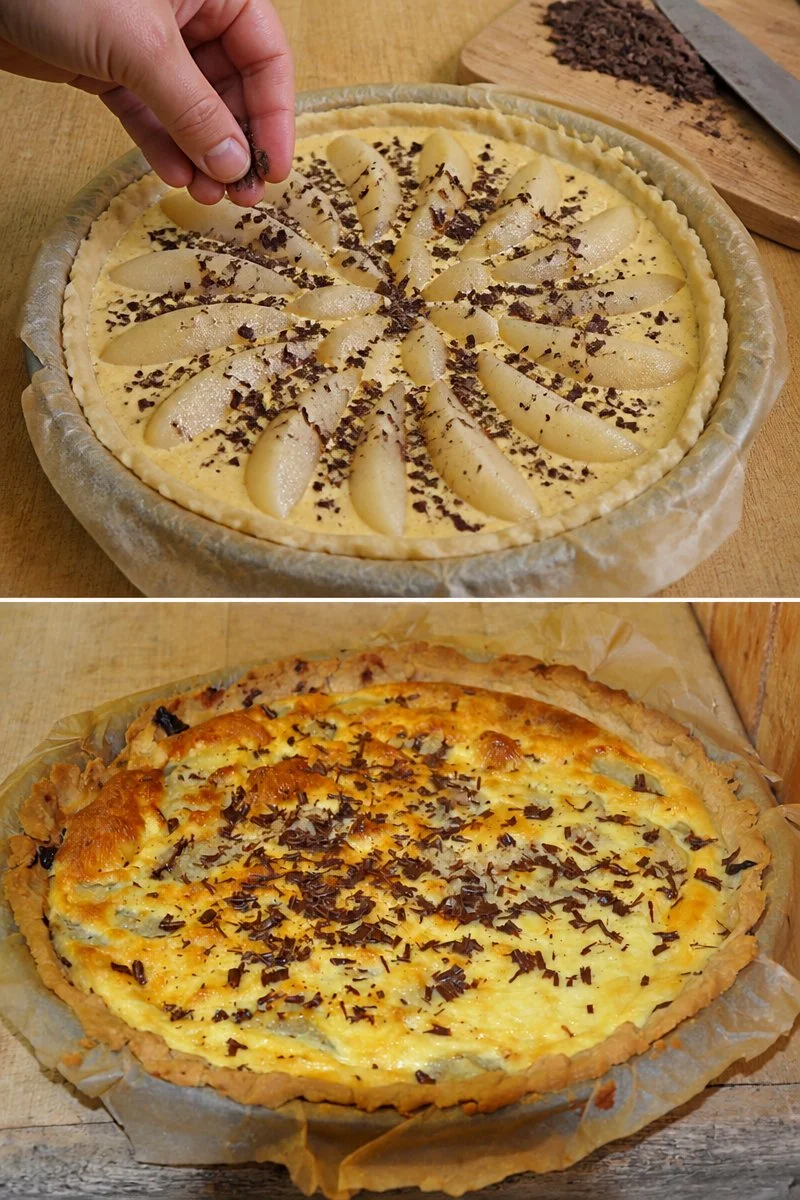 Tarte Amandine Poire Chocolat con pere e cioccolato, dessert elegante e gustoso.