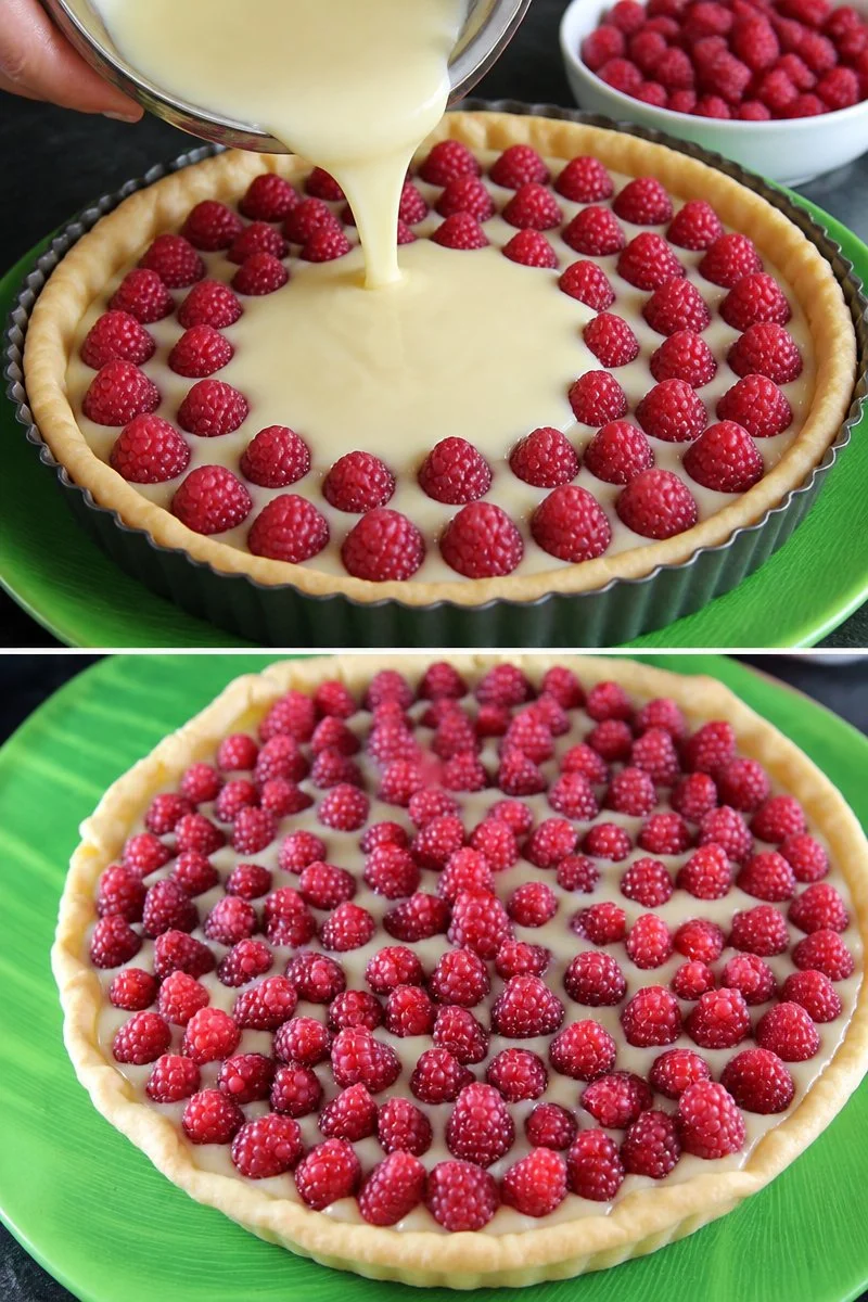 Tarte au chocolat bianco con framboises fresca e decorativa.