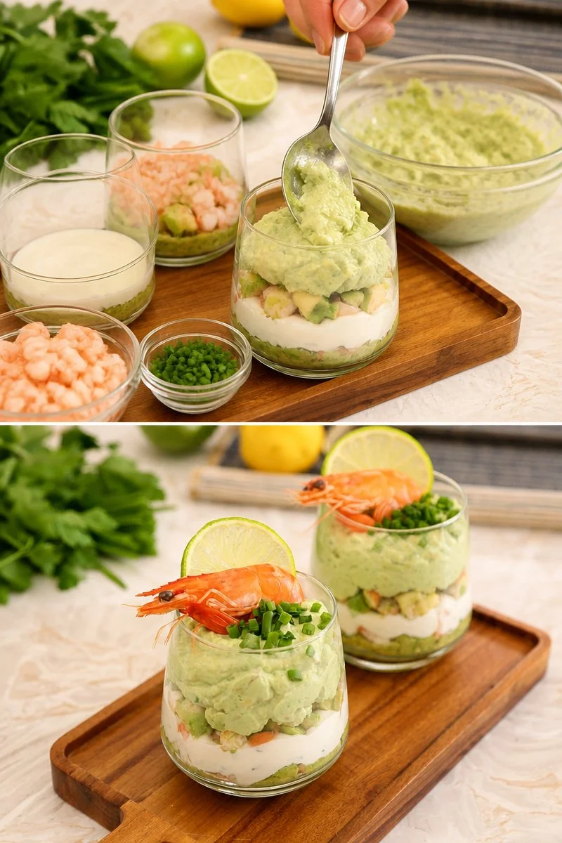 Verrines avocats crevettes e fromage frais servite in un elegante bicchiere.
