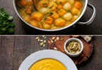 Zuppa di potimarron al latte di cocco servita in una ciotola