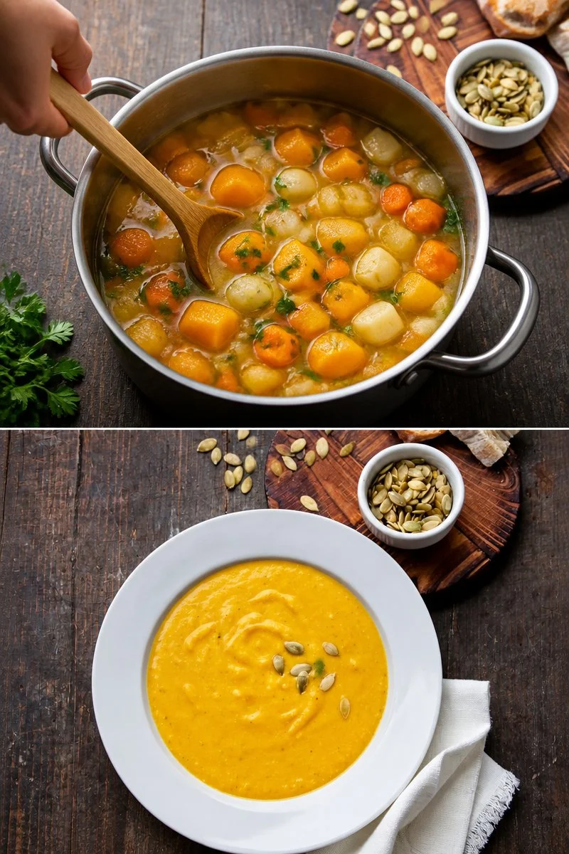 Zuppa di potimarron al latte di cocco servita in una ciotola